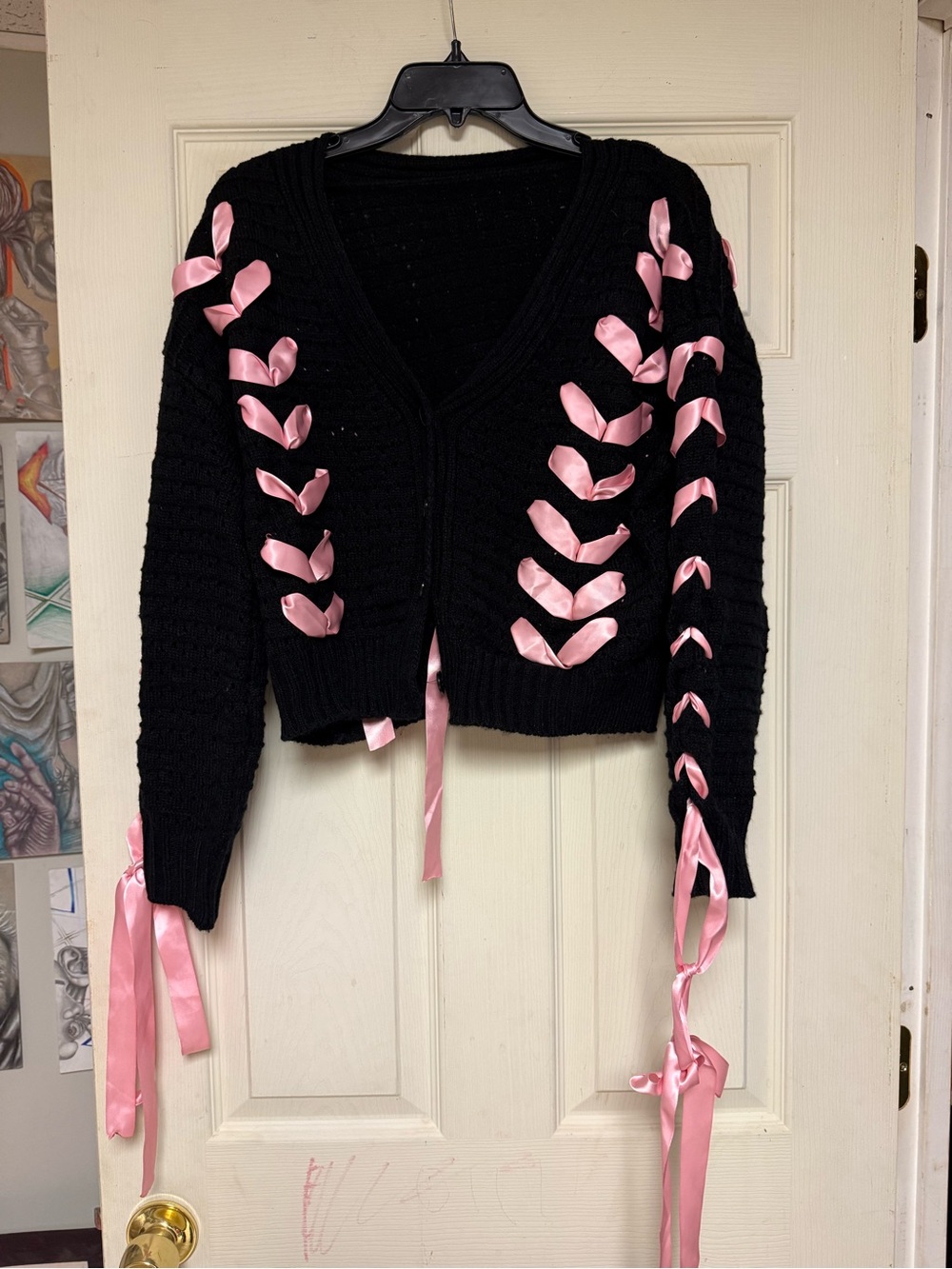 Black Knit Cardigan with Pink Ribbon Lacing